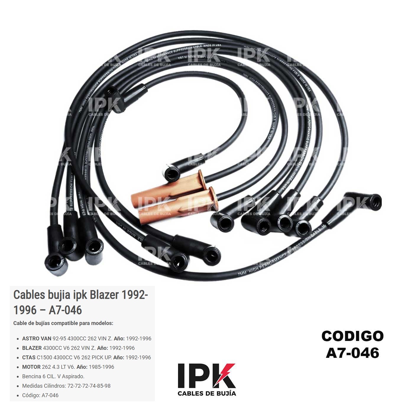 CABLE-DE-BUJIA-ASTRA-92-95-VAN-4300-6-CIL-A7-046 Juego Cables de Bujías Chevrolet ASTRO VAN 4.3 / BLAZER 4.3 / C1500 4.3