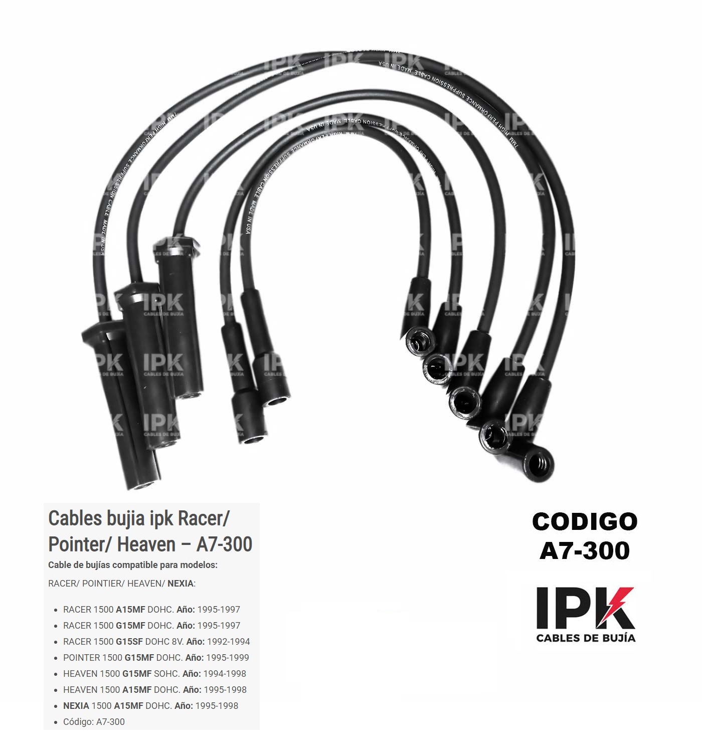 Juego de cables de bujías Daewoo Racer Pointer Heaven código A7-300 - Alta resistencia y conductividad