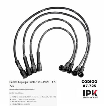 Juego de Cables de Bujías Fiat Punto 1.2 96-99, Uno Fire 1.3, Strada Fire | Cod: A7-725 | IPK | Envío a Todo Chile