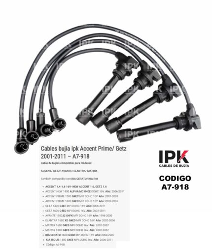 Juego de Cables de Bujías IPK A7-918 para Hyundai Accent Prime y Getz 1.4 1.6
