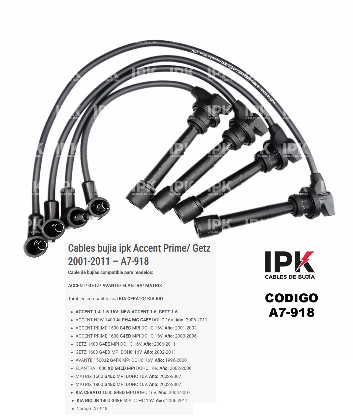 CABLE-DE-BUJIA-ACCENT-PRIME-MULTI-VALVU-A7-918 Juego de Cables de Bujías IPK A7-918 para Hyundai Accent Prime y Getz 1.4 1.6