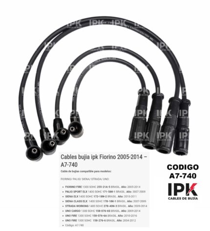 Juego cables de bujías IPK A7-740 para Fiat Fiorino Palio Siena Strada Uno Fire 1.3 y 1.4