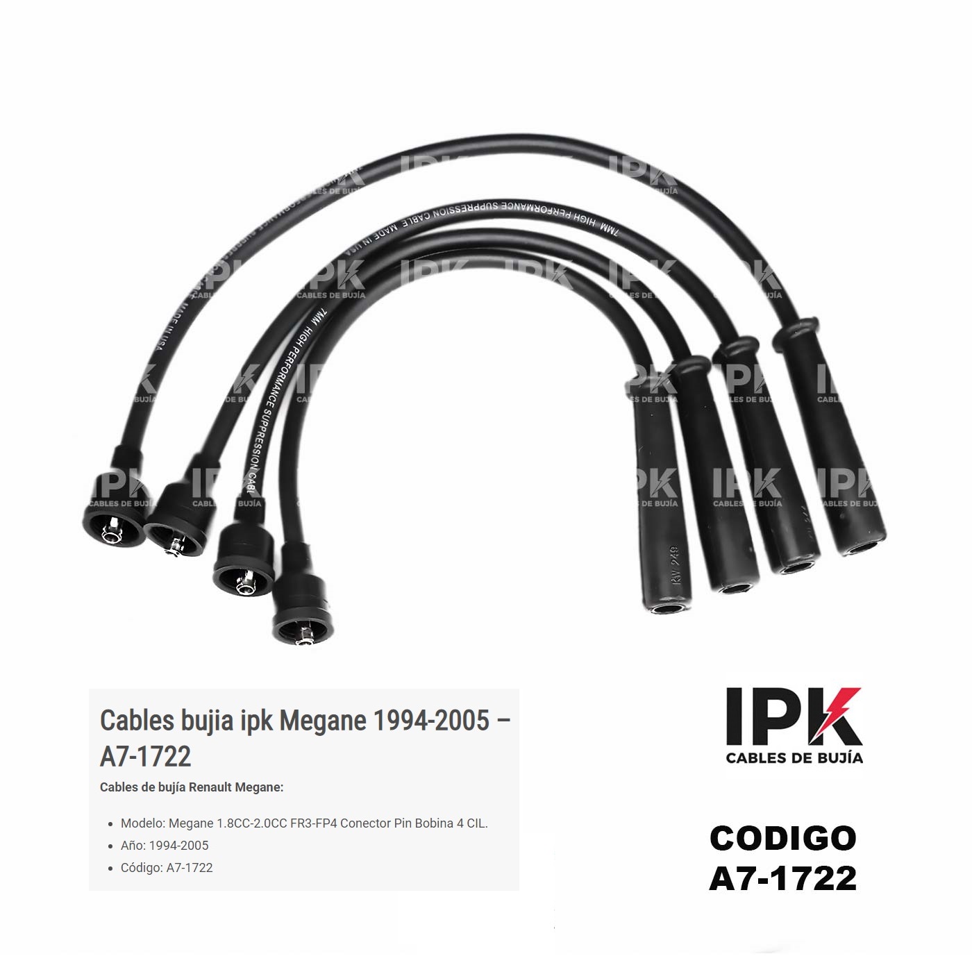 CABLE-DE-BUJIA-MEGANE-1.8-2.0-FR3-FP4-94-05-A7-1722 Juego Cables de Bujías Renault Megane 1.8-2.0 FR3-FP4 CONECTOR PIN BOBINA