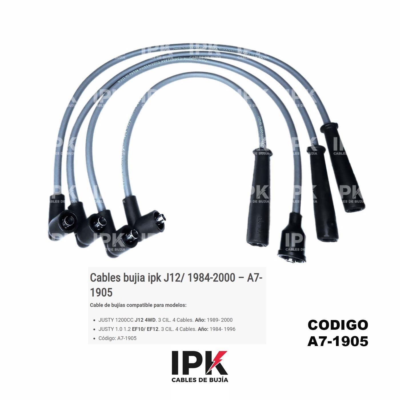 CABLE-DE-BUJIA-SUBARU-J12-4WD-A7-1905 Juego de cables de bujías IPK A7-1905 para Subaru Justy 1.0 1.2 1984-2000 3 cilindros